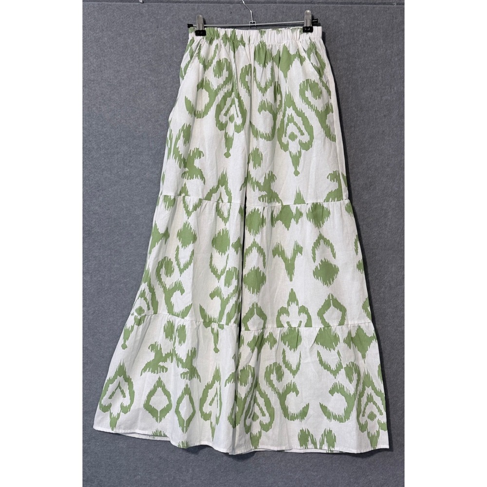 Seaspice Resort Wear Pant S Green White Ikat Boho Tiered Peruvian Cotton NW1856